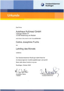 Urkunde Autohaus Kussmaul - Celine Fuchs