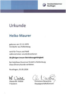Urkunde Heiko Maurer